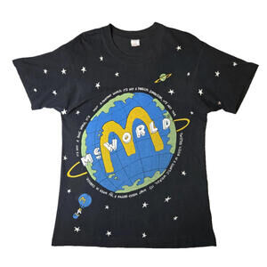 Mcdonalds Vintage 90s McWorld AOP Black T Shirt Mens Large L FOTL
